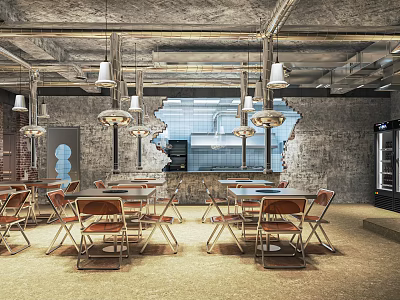 Industrial Restaurant Interior With Exposed Pipes Gray Walls Pendant Lights Wood Metal Tables And Chairs 3d model