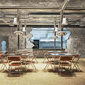 Industrial Restaurant Interior With Exposed Pipes Gray Walls Pendant Lights Wood Metal Tables And Chairs
