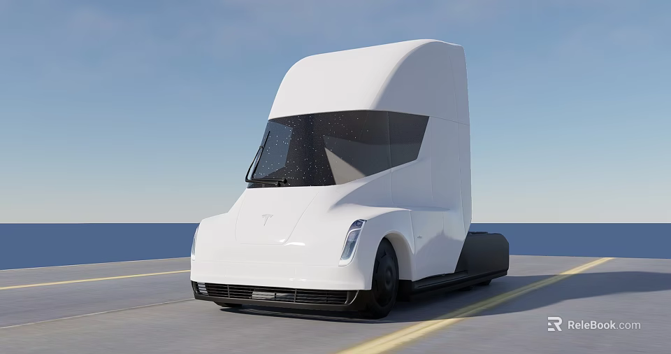 White Tesla Semi Truck Driving On Road With Aerodynamic Exterior Design 3d model 