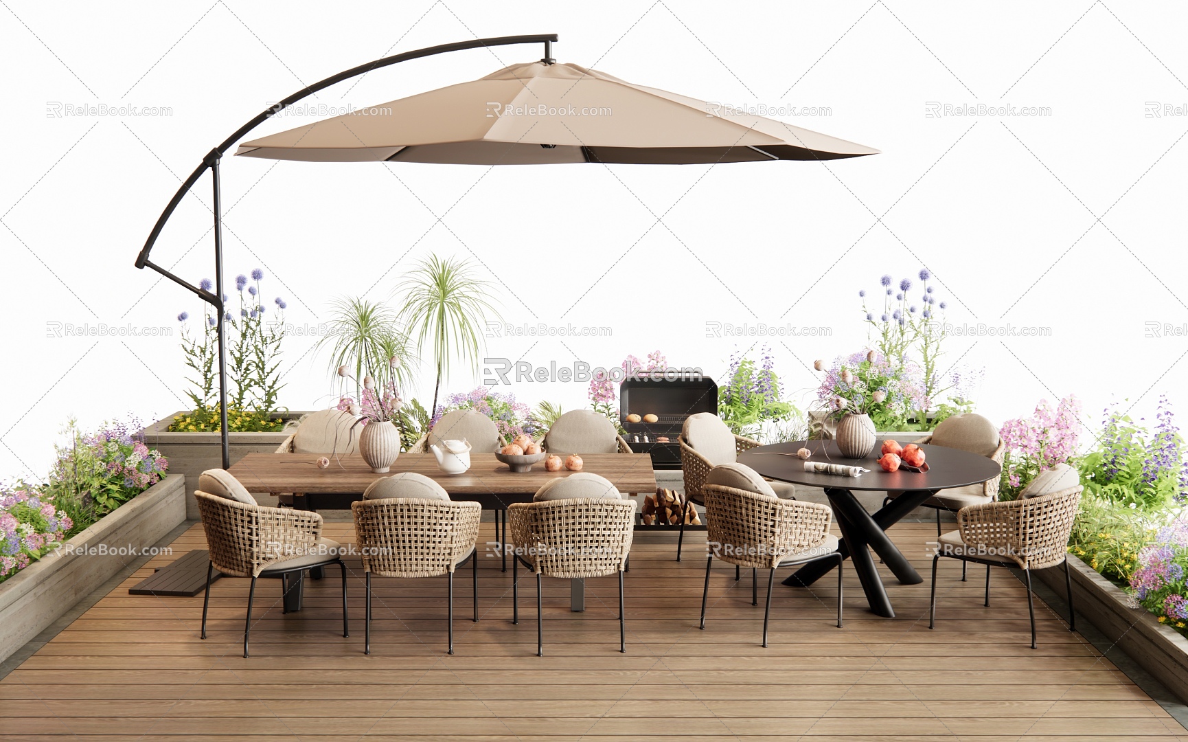 Outdoor Table and Chair Outdoor Dining Table Flower Pond Green Plant Flower Grill Flowers and Plants Rattan Outdoor Chair 3d model