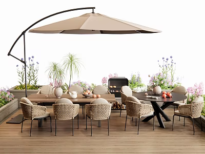 Outdoor Table with Patio Umbrella Wicker Chairs Grill and Plants on Wooden Deck 3d model