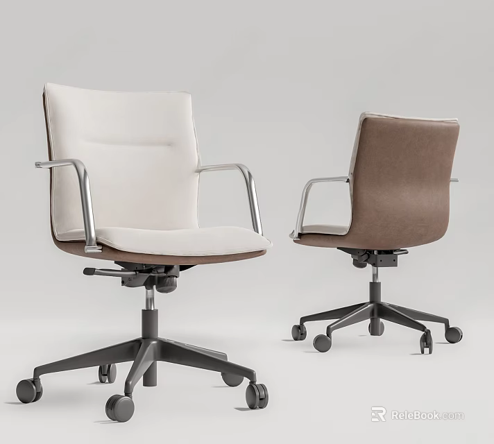 Modern Office Chairs White And Brown With Metal Armrests Black Base And Wheels 3d model 