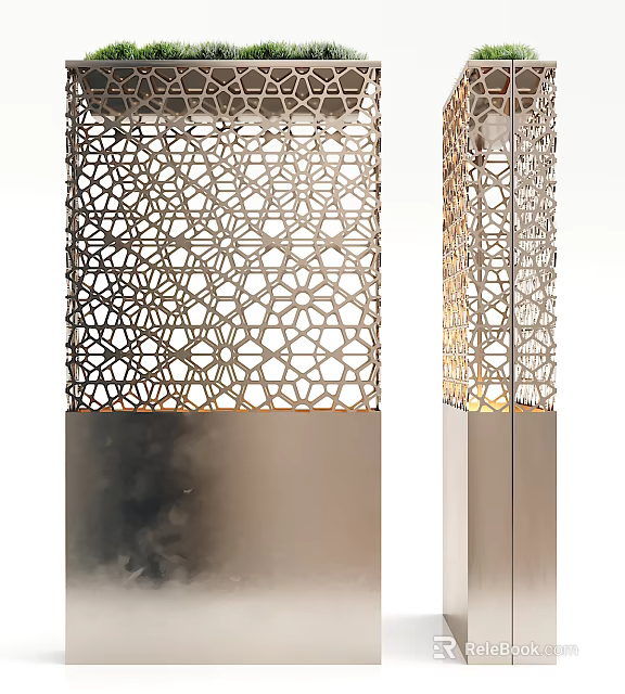 Modern Green Plant Wall Interior Design With Hollow Geometric Pattern And Metal Frame Lighting 3d model 