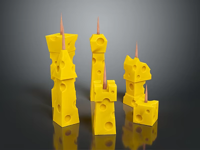 Yellow Stacked Cheese Blocks With Holes And Spikes On Black Surface 3d model