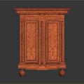 Orange Carved Cabinet With Red Top And Decorative Double Doors On Wheels