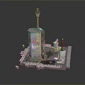 3D Model Street Scene With Street Lamp Stone Monument And Brick Pavement