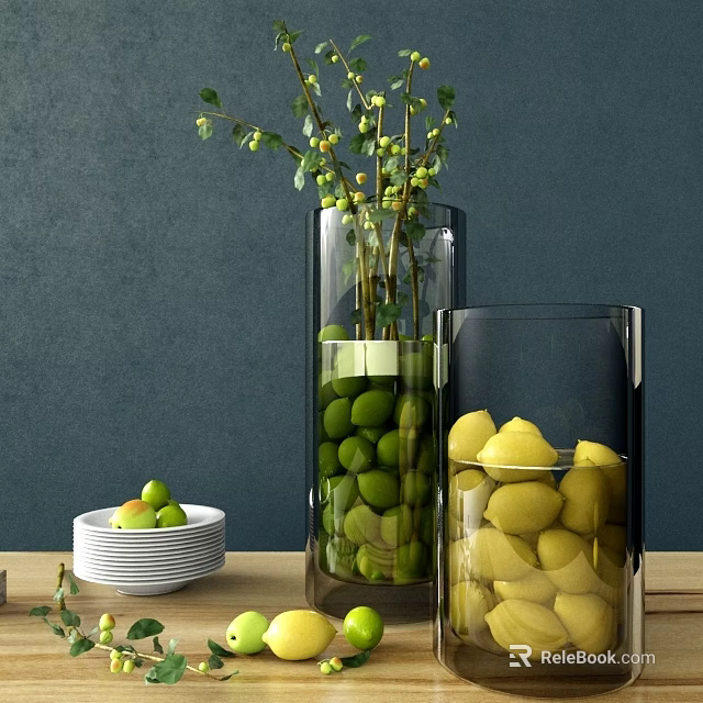 Elegant White Ceramic Plate With Green Fruits Branches And Glass Vases On Dark Blue Table 3d model 