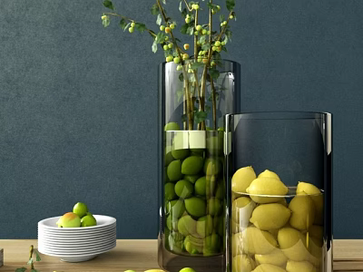 Elegant White Ceramic Plate With Green Fruits Branches And Glass Vases On Dark Blue Table 3d model