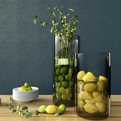 Elegant White Ceramic Plate With Green Fruits Branches And Glass Vases On Dark Blue Table 3d model