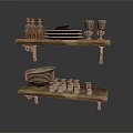 Rustic Wooden Shelves Displaying Plates Bottles And Glass Cups For Kitchen