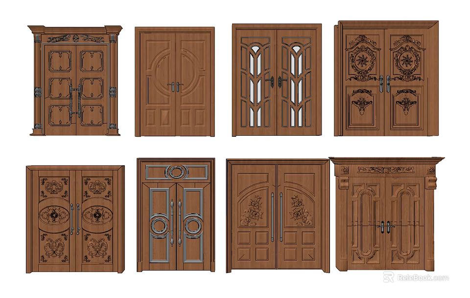 Various Wooden Entry Doors With Carved Patterns And Double Panel Designs 3d model 