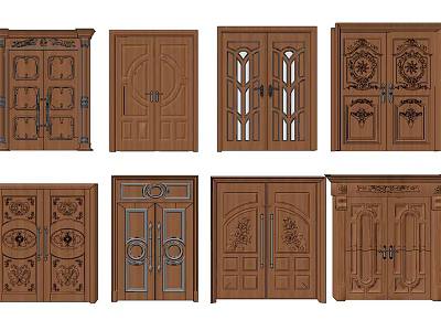 Various Wooden Entry Doors With Carved Patterns And Double Panel Designs 3d model