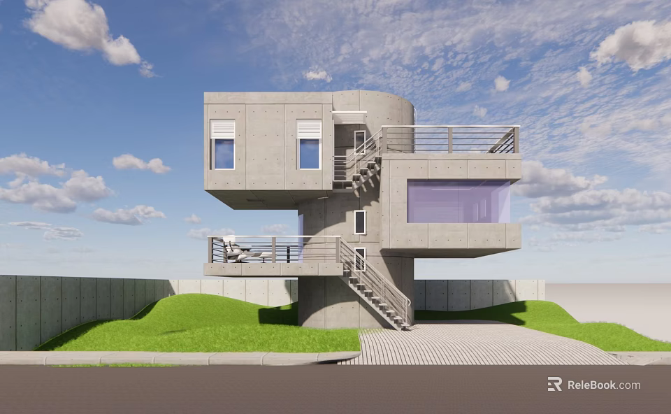 Modern Detached Villa Featuring Concrete Structure Large Windows Balcony Staircase And Green Lawn 3d model 