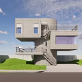 Modern Detached Villa Featuring Concrete Structure Large Windows Balcony Staircase And Green Lawn