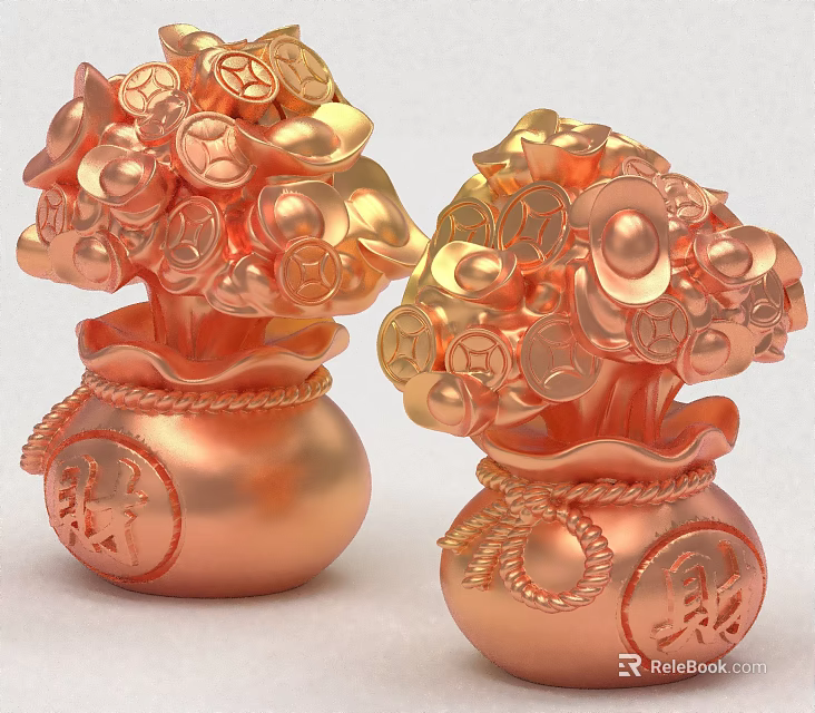 Golden Bag Shaped Sculptures Decorated With Coins And Fortune Characters Design 3d model 