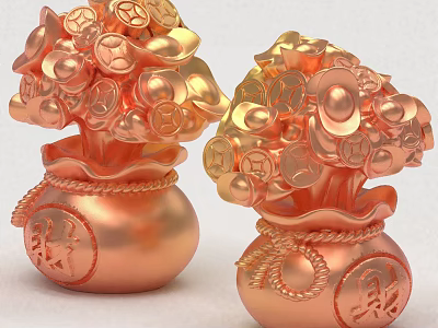 Golden Bag Shaped Sculptures Decorated With Coins And Fortune Characters Design 3d model