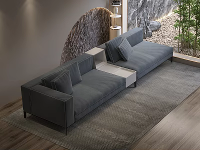 Modern Gray Sectional Sofa on Wooden Floor with Rug and Natural Decor 3d model