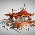 Traditional Decorative Tent with Red and White Fabric Wooden Platform and Ornamental Fringes