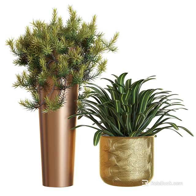 Lush Green Bonsai Potted Plants in Copper Vase and Gold Textured Pot 3d model 