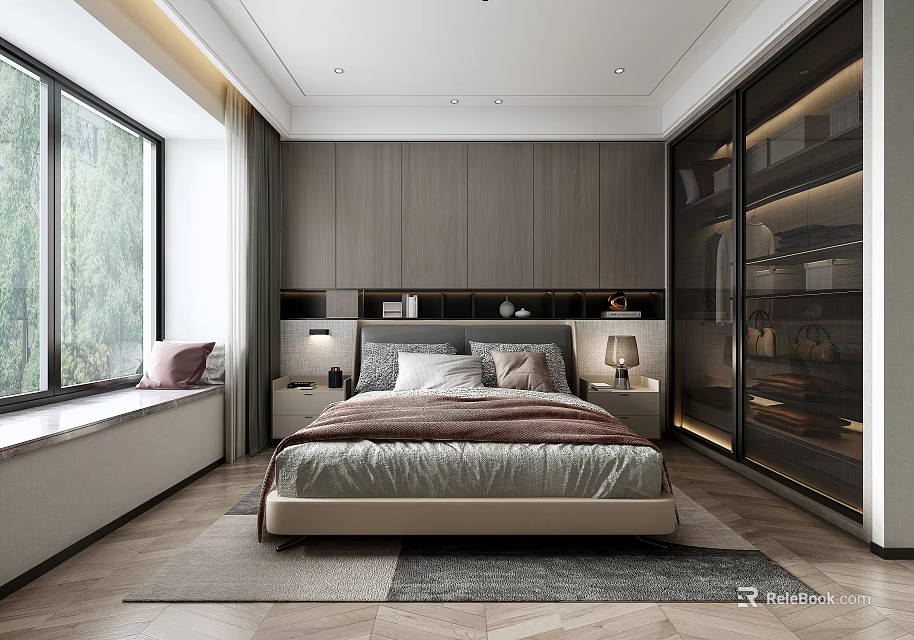 Modern Bedroom Interior Design With Bed Nightstands Window Wardrobe And Area Rug 3d model 