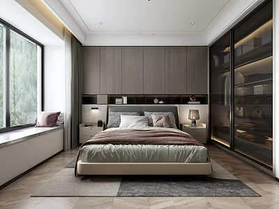Modern Bedroom Interior Design With Bed Nightstands Window Wardrobe And Area Rug 3d model