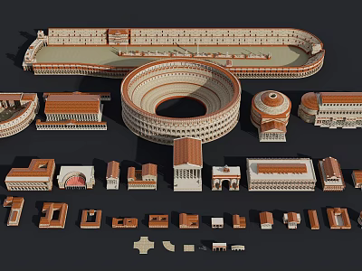 European Architecture Collection Featuring Colosseum Circular Structures And Red Tiled Roofs 3d model