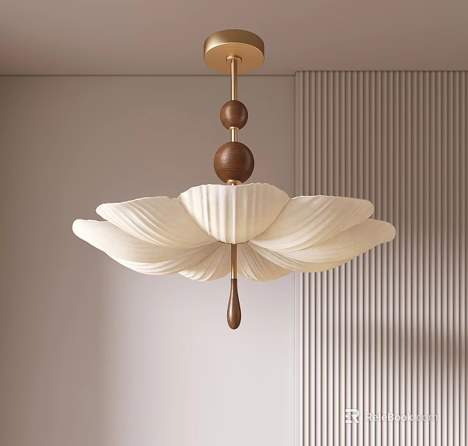 Cream Colored Petal Shaped Chandelier With Wooden Accents For Modern Interior 3d model 