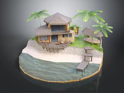 Wooden House on Beach with Palm Trees Patio and Waterfront Dock 3d model