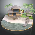 Wooden House on Beach with Palm Trees Patio and Waterfront Dock
