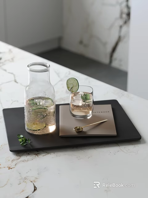 Glass Carafe And Glass With Lime And Mint On Tray 3d model 