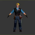 Construction Worker In Yellow Hard Hat Blue Shirt And Tool Belt Standing On Gray Background