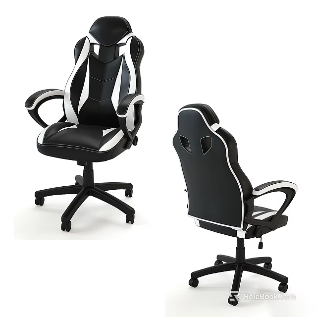 Gaming Office Chair With Black And White Leather Design Armrests Wheels And Ventilated Backrest 3d model 