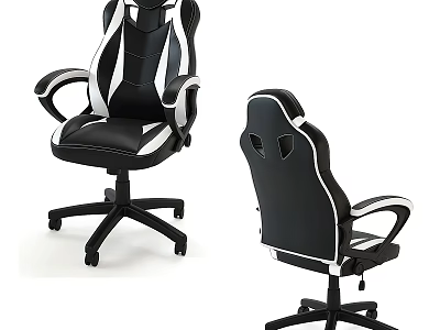 Gaming Office Chair With Black And White Leather Design Armrests Wheels And Ventilated Backrest 3d model