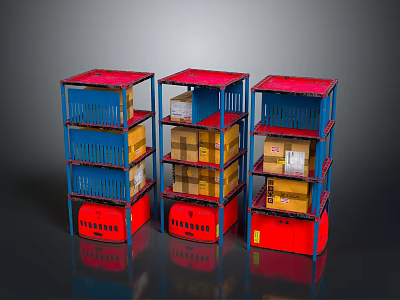 Three Red And Blue Multi Tier Storage Shelving Units With Cardboard Boxes 3d model