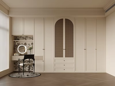 Elegant Walk-in Closet Interior With Arched Door White Cabinets Dressing Table And Mirror 3d model