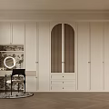 Elegant Walk-in Closet Interior With Arched Door White Cabinets Dressing Table And Mirror