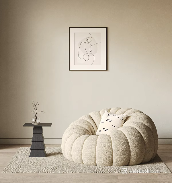 Cozy Bean Bag Chair Living Room With Minimalist Line Art Black Side Table Dried Branch 3d model 