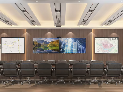 Modern Conference Room With Ergonomic Chairs Multiple Screens Wooden Walls And Ceiling Lighting 3d model