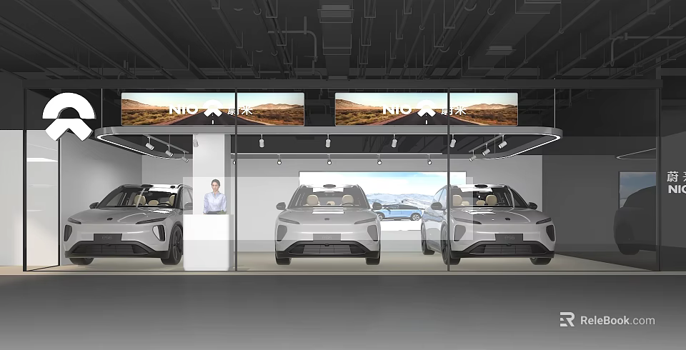 Modern NIO Car Mall Showroom With Display Cars Staff Lighting And Screens 3d model 
