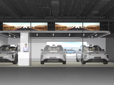 Modern NIO Car Mall Showroom With Display Cars Staff Lighting And Screens 3d model