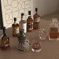 Assorted Liquor Bottles And Glasses On Wooden Table With Cocktail Shaker Decor Background