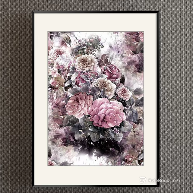 Elegant Floral Painting With Pink Purple Roses And Green Leaves 3d model 