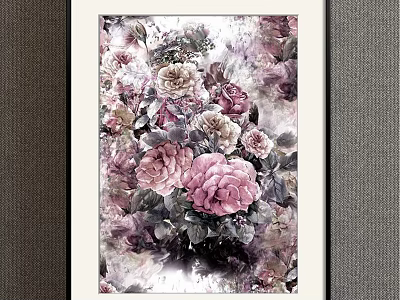 Elegant Floral Painting With Pink Purple Roses And Green Leaves 3d model