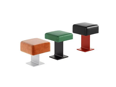 Three Colorful Sofa Stools With Upholstered Seats And Varied Colored Bases 3d model