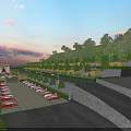 Aerial View Planning of Scenic Resort with Parking Lot Red Cars Trees and Buildings