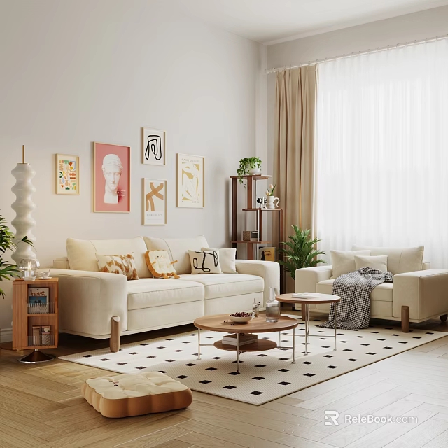 Cozy Modern Living Room Interior With Beige Sofa Decorative Wall Art And Potted Plants 3d model 
