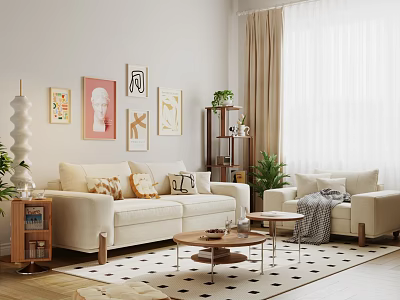 Cozy Modern Living Room Interior With Beige Sofa Decorative Wall Art And Potted Plants 3d model