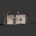 Dilapidated Brick House with Blue Damaged Roof Dead Branches Weeds and Rubble Around