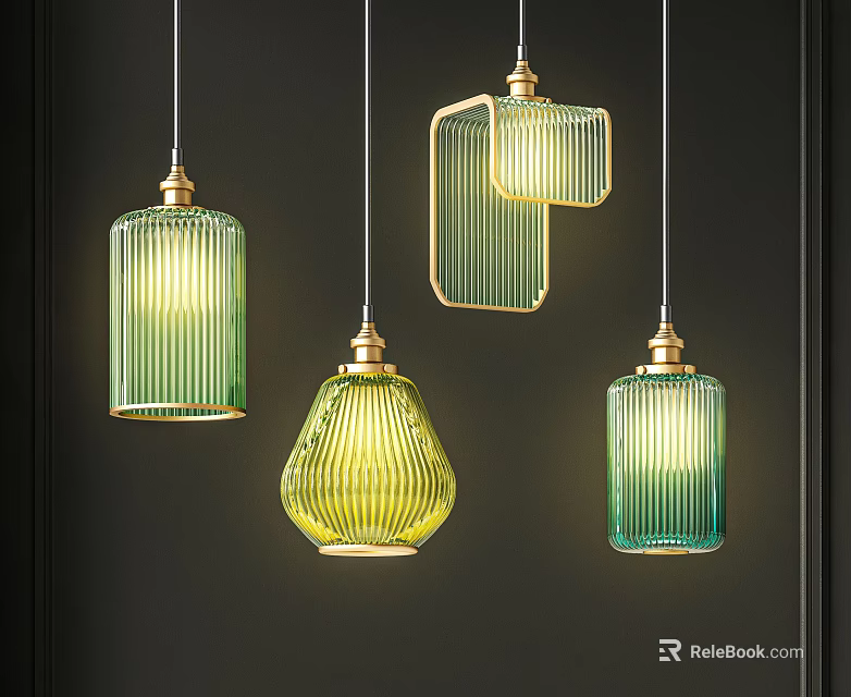 Stylish Pendant Lights With Green Yellow Ribbed Glass And Gold Accents 3d model 