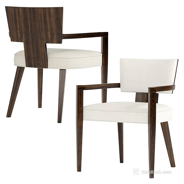 Modern Walnut Dining Chairs With White Fabric Seats Wooden Armrests And Sleek Legs 3d model 